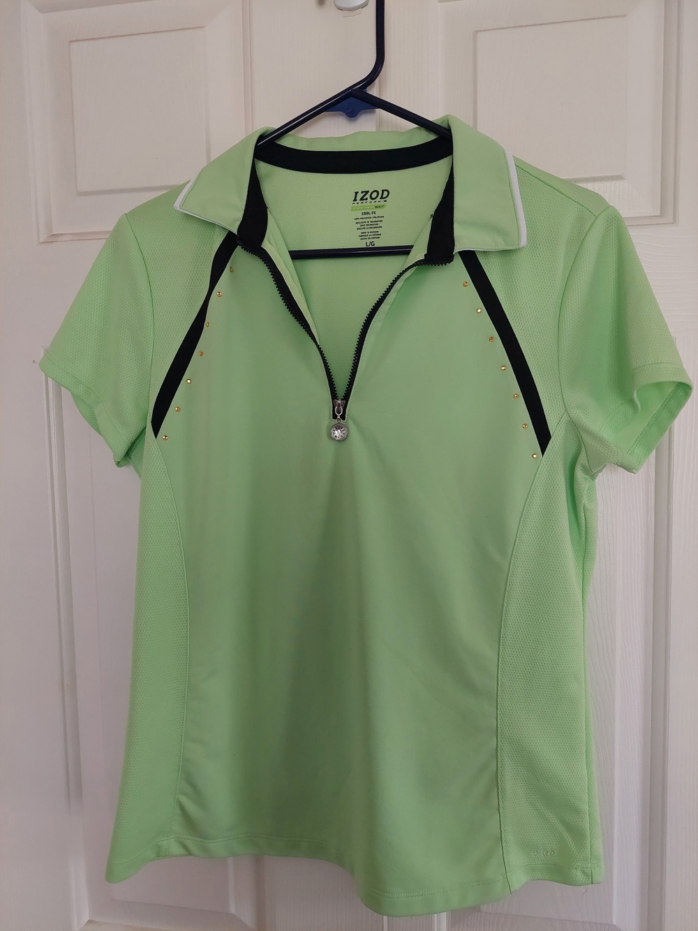 Izod Light Green Short Sleeve Zip Polo with Black Trim Golf Shirt Size Large